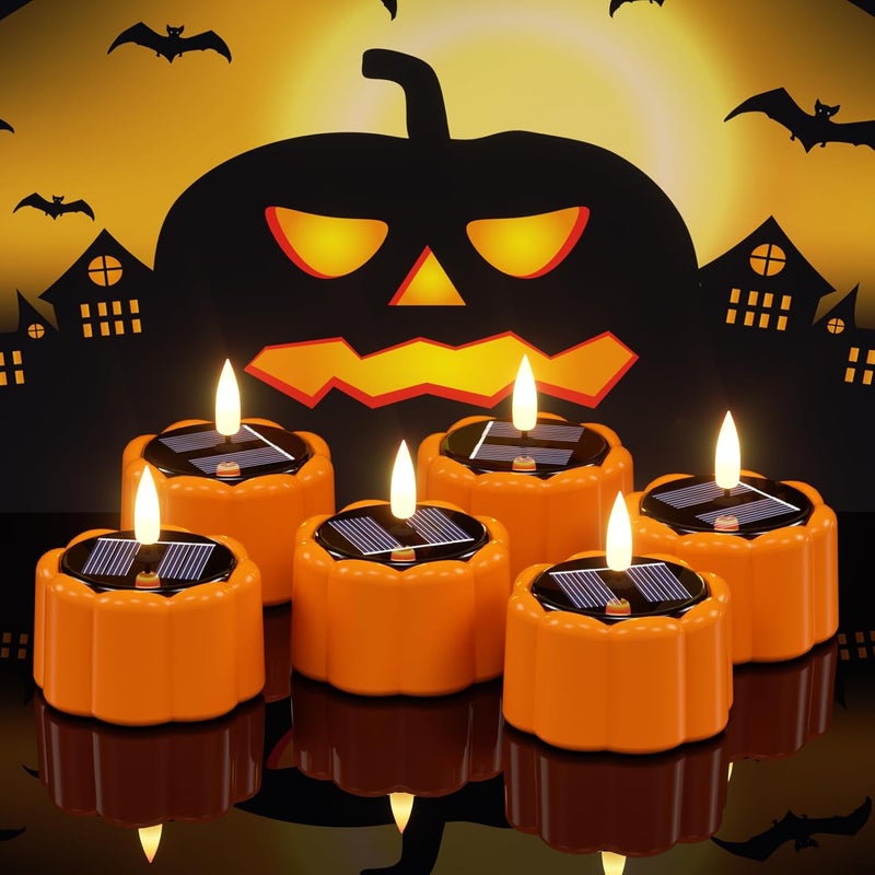 DRomance Flameless Votive Candles Solar Battery Operated Dusk to Dawn 3D Wick Flickering Outdoor Waterproof Spooky Pumpkin LED Tea Lights Candles Set of 6 Halloween Decor(2.5" D x 2.64" H) - Image 1